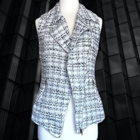 Tinley Road Retro Glam Business Professional Zip Black White Plaid Tweed Vest - Picture 3 of 5